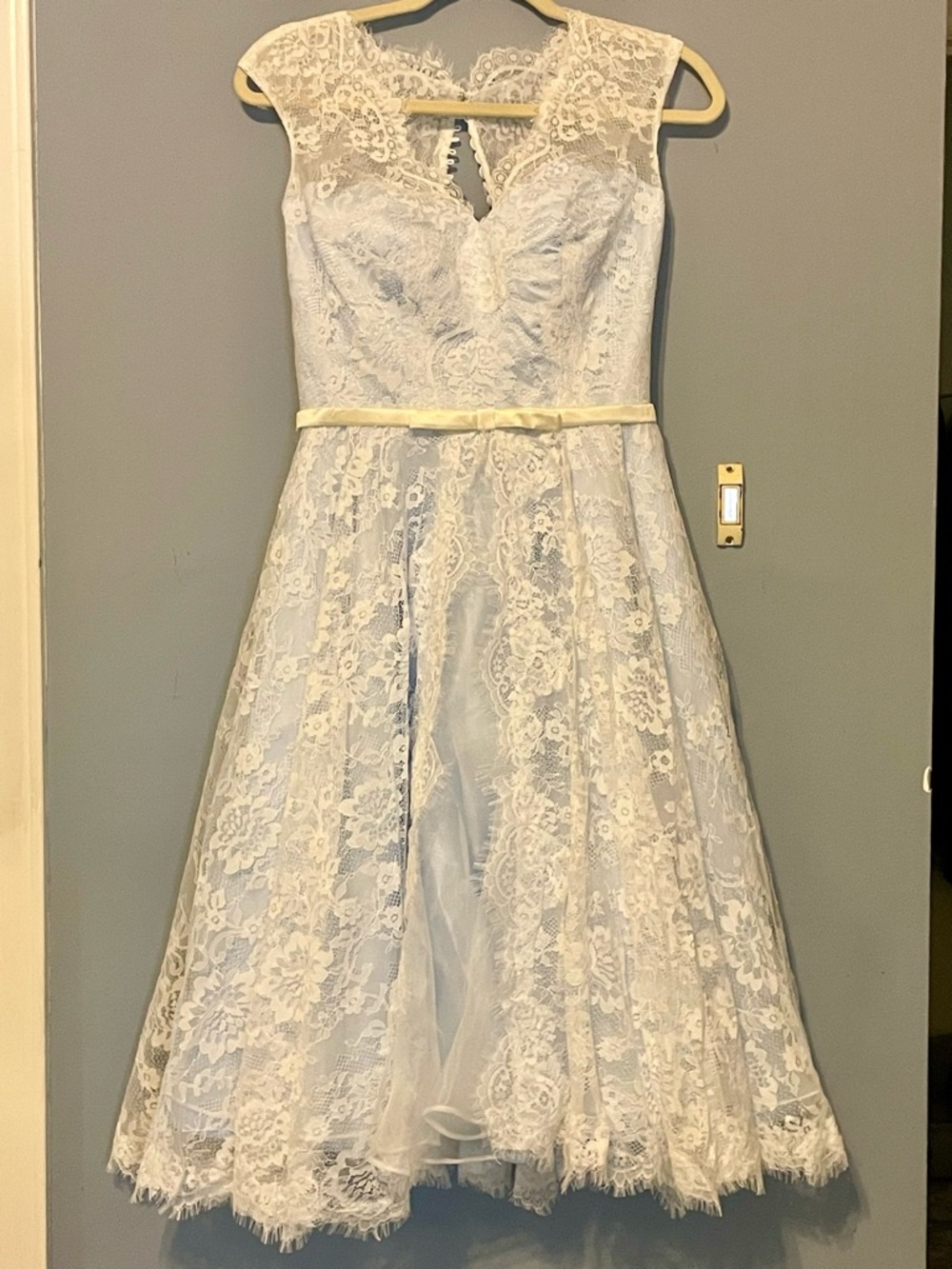 Lace Fit-and-Flare Wedding Dress in Ivory with Blue Undertone